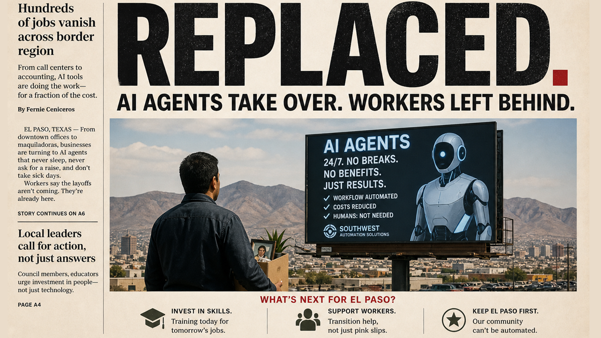 AI generated sample image of a headline saying AI is taking over jobs.
