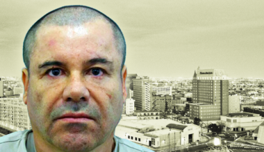A photographic illustration of El Paso superimposed on the left with the mugshot of El Chapo.