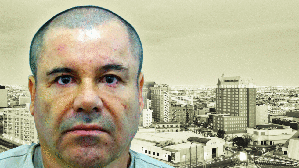 A photographic illustration of El Paso superimposed on the left with the mugshot of El Chapo.