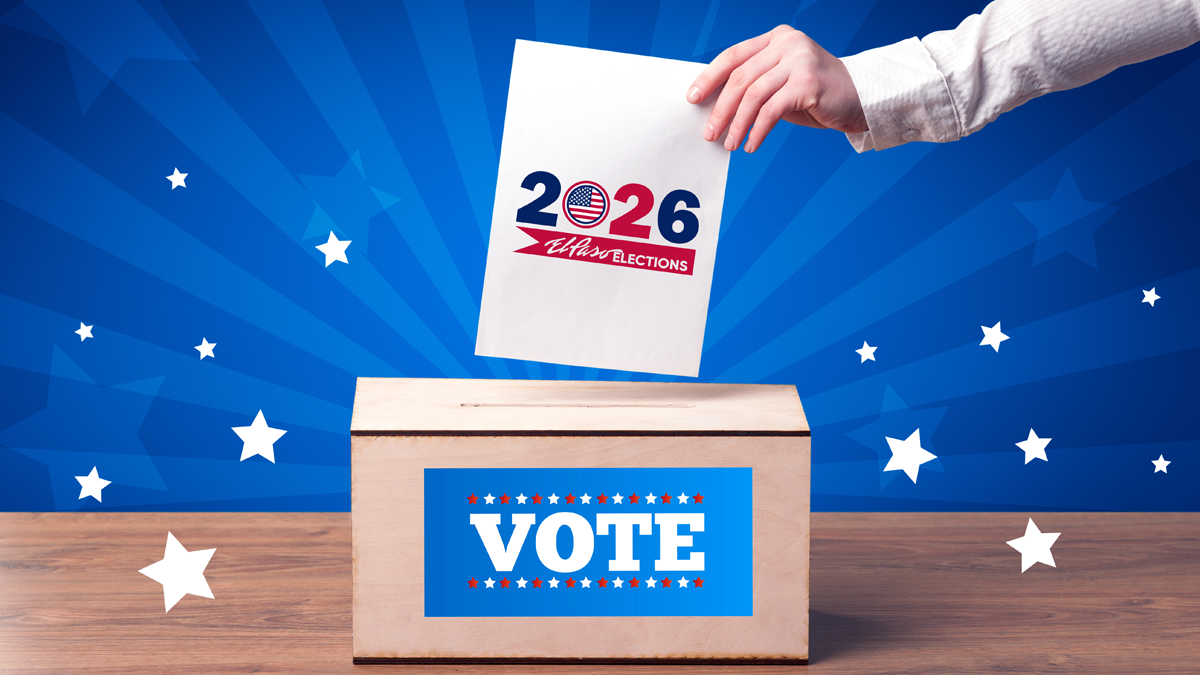 An illustration of a hand putting a 2026 ballot into a ballot box.