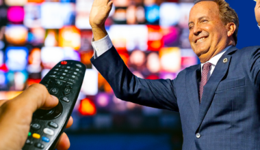 A photographic illustration showing Ken Paxton in front of a television with a viewer using a remote controller.