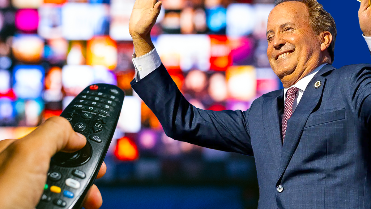 A photographic illustration showing Ken Paxton in front of a television with a viewer using a remote controller.