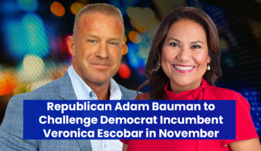 A photographic illustration of Adam Bauman on the left and Veronica Escobar on the right.