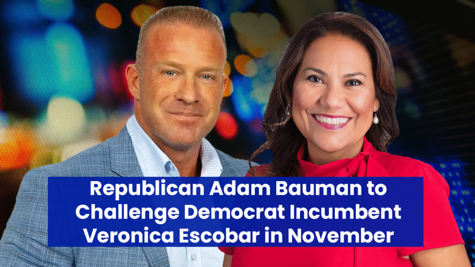 A photographic illustration of Adam Bauman on the left and Veronica Escobar on the right.