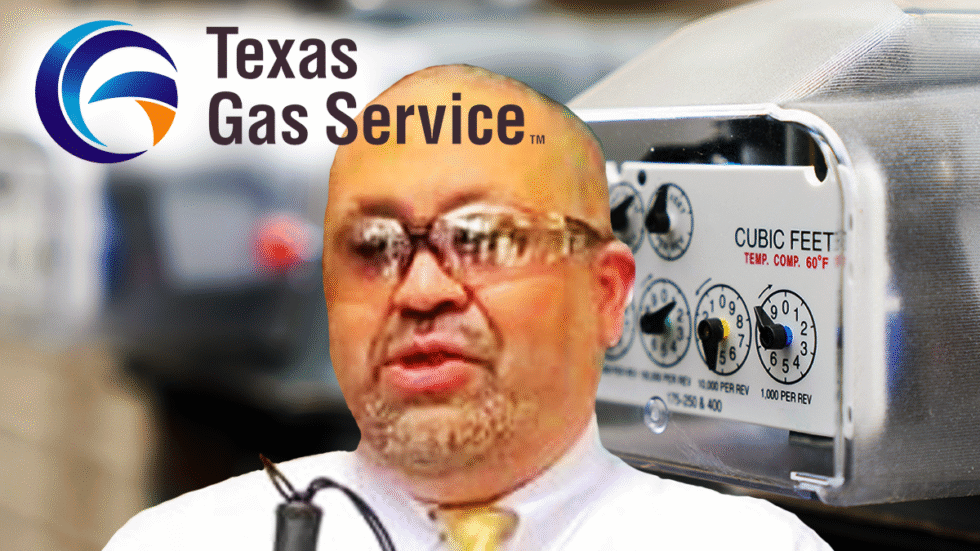 A photographic illustration showing George Zavala in a white shirt with a yellow tie holding a cane in front of a magnified gas company meter and the logo of Texas Gas superimposed on the left top corner.
