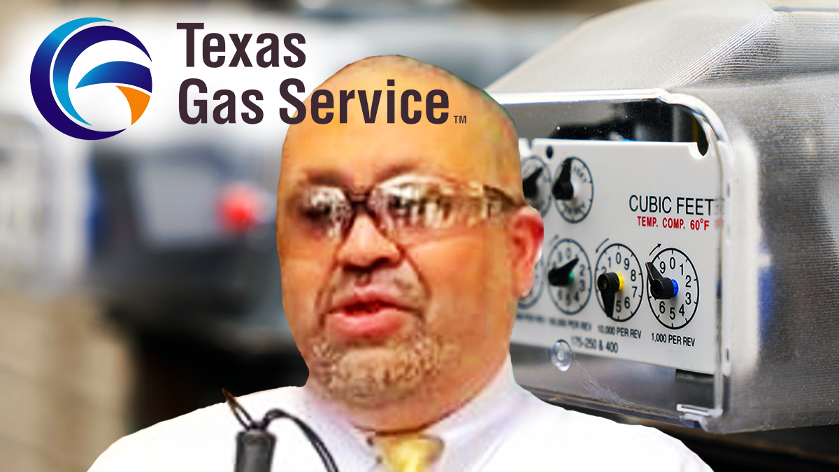 A photographic illustration showing George Zavala in a white shirt with a yellow tie holding a cane in front of a magnified gas company meter and the logo of Texas Gas superimposed on the left top corner.