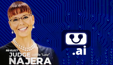 A photographic illustration of Lucilla Najera's likely AI generated image over an illustrated blue circuit board with a smiling AI logo face.