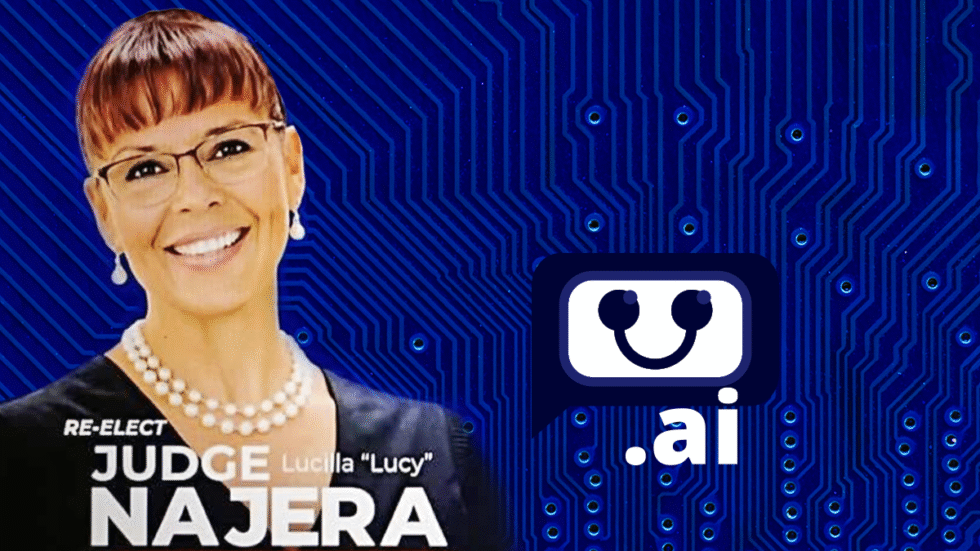 A photographic illustration of Lucilla Najera's likely AI generated image over an illustrated blue circuit board with a smiling AI logo face.