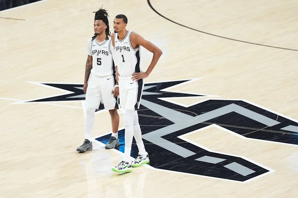 May 24, 2026; San Antonio, Texas, USA; San Antonio Spurs center Victor Wembanyama (1) and guard Stephon Castle (5) look on in the second quarter against the Oklahoma City Thunder during game four of the western conference finals for the 2026 NBA playoffs at Frost Bank Center. Mandatory Credit: Daniel Dunn-Imagn Images