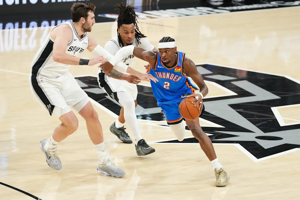 May 24, 2026; San Antonio, Texas, USA; Oklahoma City Thunder guard Shai Gilgeous-Alexander (2) drives the ball in the first quarter against the Oklahoma City Thunder during game four of the western conference finals for the 2026 NBA playoffs at Frost Bank Center. Mandatory Credit: Scott Wachter-Imagn Images