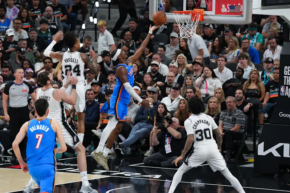 May 24, 2026; San Antonio, Texas, USA; Oklahoma City Thunder guard Shai Gilgeous-Alexander (2) shoots a lay up in the third quarter against the San Antonio Spurs during game four of the western conference finals for the 2026 NBA playoffs at Frost Bank Center. Mandatory Credit: Scott Wachter-Imagn Images