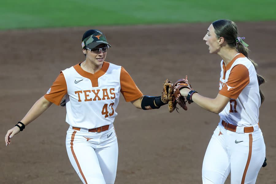 AUSTIN, TX – APRIL 30: Utility Leighann Goode #43 of the Texas Longhorns high fives starting pitcher/relief pitcher Teagan Kavan #17 of the Texas Longhorns after closing out an inning during the SEC softball game between Texas Longhorns and Arkansas Razorbacks on April 30, 2026, at Red & Charlie McCombs Field in Austin, TX. (Photo by David Buono/Icon Sportswire via Getty Images)