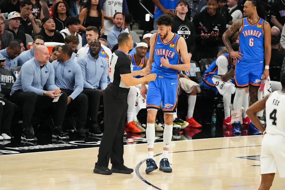 May 24, 2026; San Antonio, Texas, USA; Oklahoma City Thunder center Chet Holmgren (7) speaks with the referee during the first half against the San Antonio Spurs during game four of the western conference finals for the 2026 NBA playoffs at Frost Bank Center. Mandatory Credit: Scott Wachter-Imagn Images