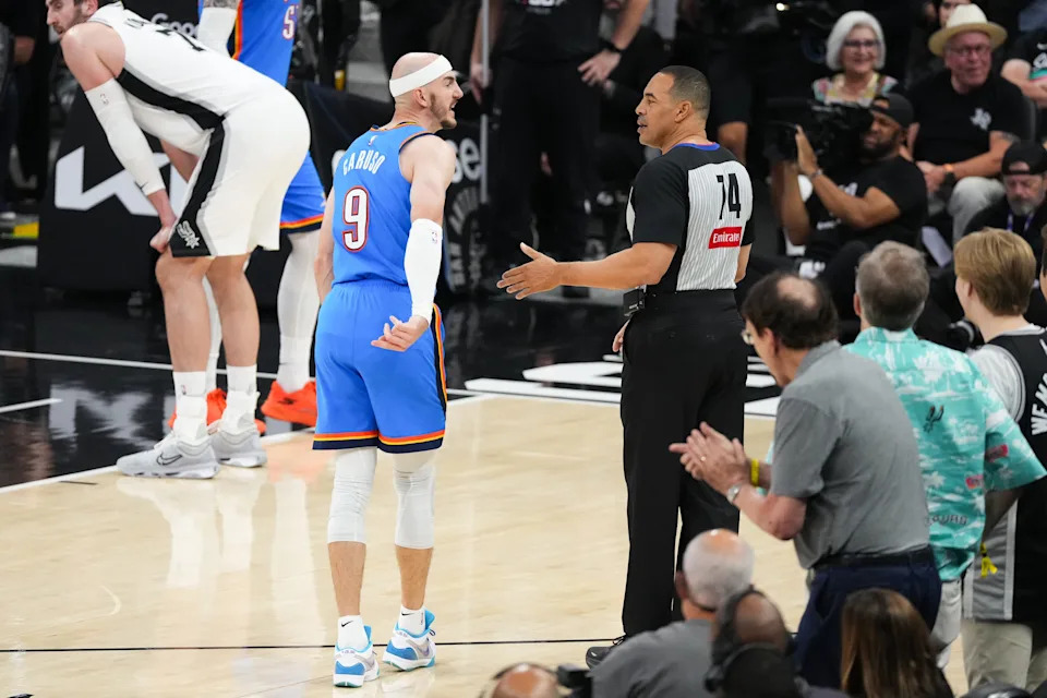 May 24, 2026; San Antonio, Texas, USA; Oklahoma City Thunder guard Alex Caruso (9) reacts in the second quarter against the San Antonio Spurs during game four of the western conference finals for the 2026 NBA playoffs at Frost Bank Center. Mandatory Credit: Scott Wachter-Imagn Images