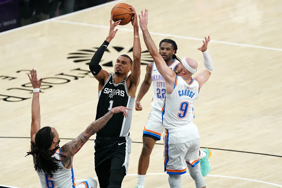 May 28, 2026; San Antonio, Texas, USA; San Antonio Spurs forward Victor Wembanyama (1) shoots the ball over Oklahoma City Thunder forward Jaylin Williams (6) in the first half during game six of the western conference finals for the 2026 NBA playoffs at Frost Bank Center. Mandatory Credit: Dustin Safranek-Imagn Images