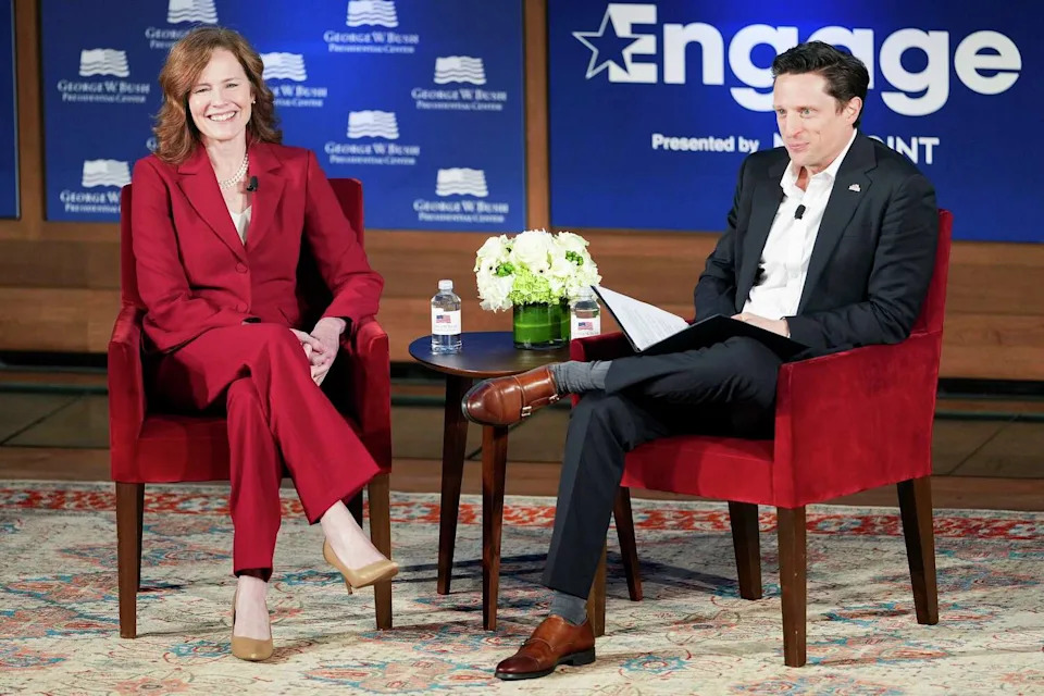 Justice Amy Coney Barrett speaks with Bush Center president and CEO Shilo Brooks at the George W. Bush Presidential Center, Monday, May 4, 2026. (Smiley N. Pool/The Dallas Morning News)