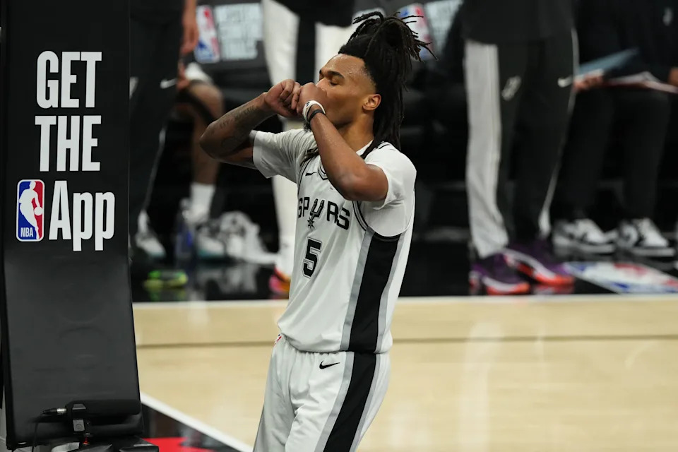 May 24, 2026; San Antonio, Texas, USA; San Antonio Spurs guard Stephon Castle (5) reacts in the third quarter against the Oklahoma City Thunder during game four of the western conference finals for the 2026 NBA playoffs at Frost Bank Center. Mandatory Credit: Scott Wachter-Imagn Images