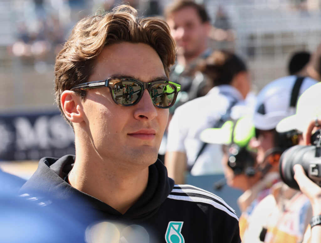 Oct 19, 2025; Austin, TX, USA; Mercedes AMG Petronas F1 Team driver George Russell (63) of Team Great Britain at the driversÕ parade at Circuit of The Americas Austin. Mandatory Credit: Thomas Shea-Imagn Images