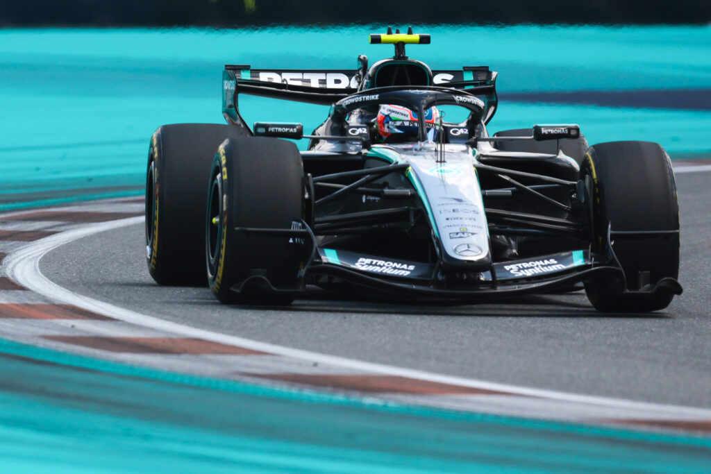 May 2, 2026; Miami Gardens, FL, USA;Mercedes driver Kimi Antonelli (12) during the F1 Miami Grand Prix Sprint Race at Miami International Autodrome. Mandatory Credit: Sam Navarro-Imagn Images