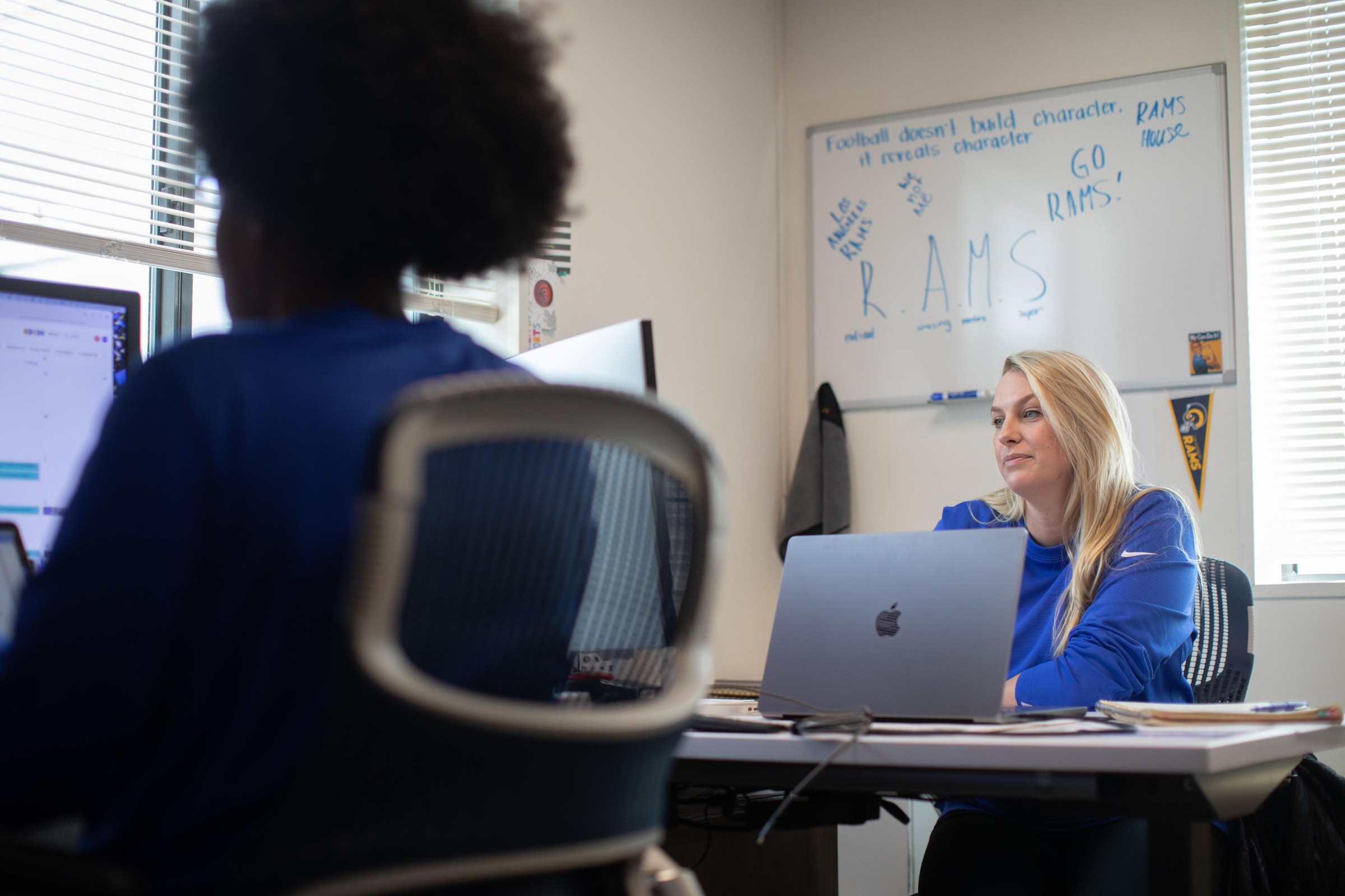 THOUSAND OAKS, CA - MAY 11: (EMBARGOED UNTIL THU 5/11/2023 5 P.M. PST) Sophie Harlan, Director of Operations, and her team work on the logistics of booking hotels, finding trucking companies and securing police escorts once the Rams’ schedule is released. Photographed at Rams training facility on Thursday, May 11, 2023 in Thousand Oaks, CA. (Myung J. Chun / Los Angeles Times via Getty Images)