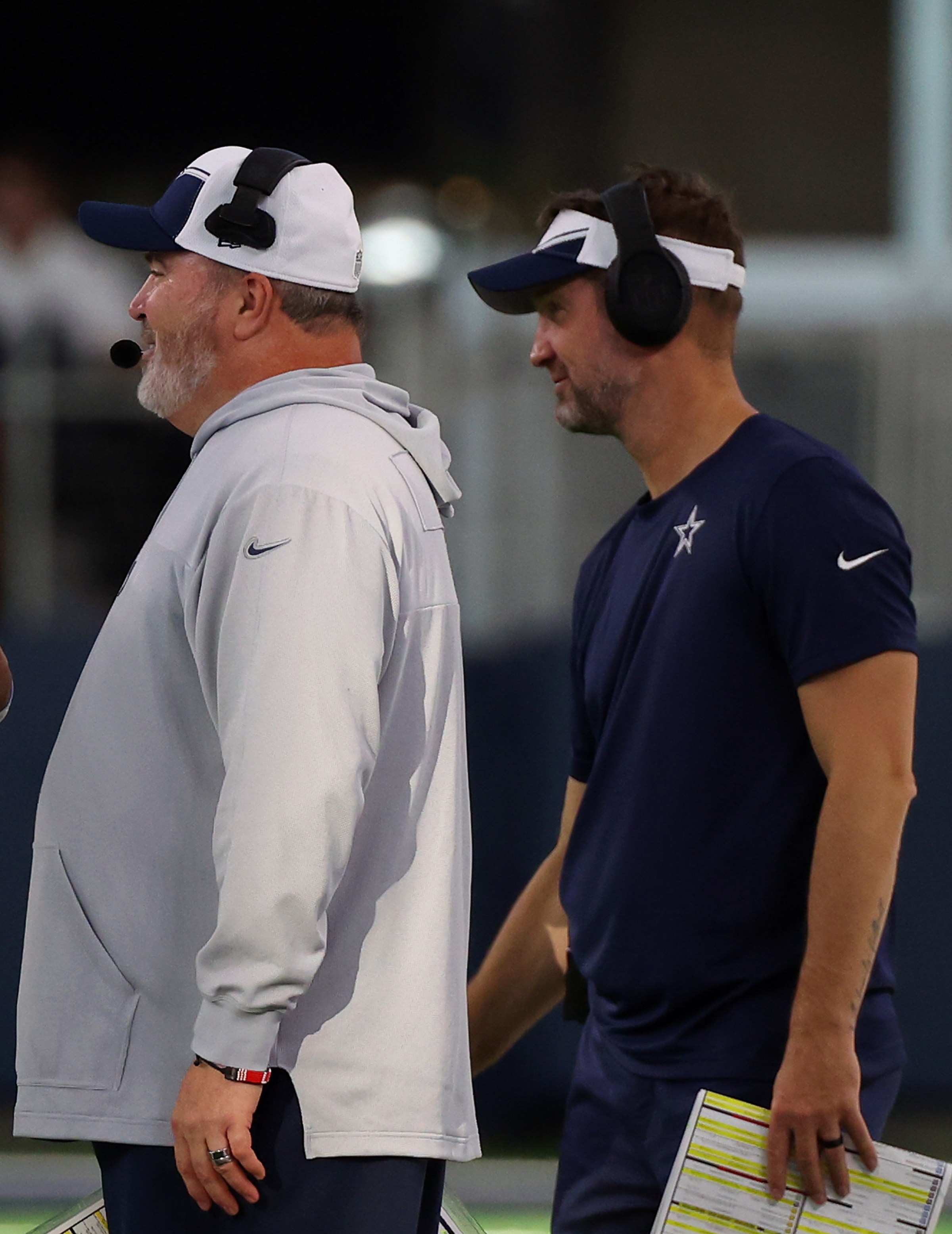 ARLINGTON, TEXAS - SEPTEMBER 17: Dak Prescott #4 of the Dallas Cowboys talks with head coach Mike McCarthy and Brian Schottenheimer during a time out against the New York Jetsat AT&T Stadium on September 17, 2023 in Arlington, Texas. (Photo by Richard Rodriguez/Getty Images)
