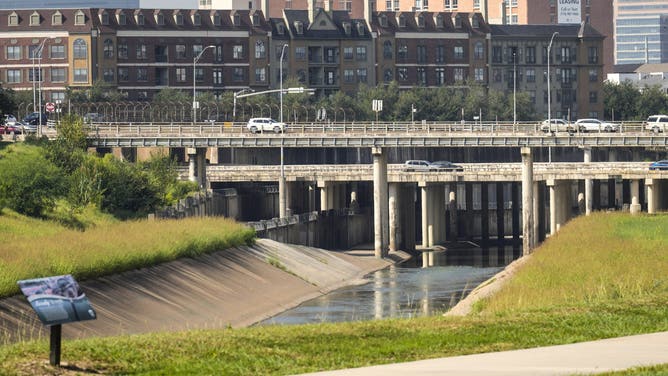 HOUSTON, TEXAS - SEPTEMBER 30: Brays Bayou flows under the Highway 288 bridge near the Texas Medical Center in Houston, Tuesday, Sept. 30, 2025.
