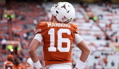 AUSTIN, TEXAS - NOVEMBER 01: Arch Manning #16 of the Texas Longhorns warms up prior to the game against the Vanderbilt Commodores at Darrell K Royal-Texas Memorial Stadium on November 01, 2025 in Austin, Texas. (Photo by Kenneth Richmond/Getty Images)
