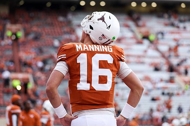 AUSTIN, TEXAS - NOVEMBER 01: Arch Manning #16 of the Texas Longhorns warms up prior to the game against the Vanderbilt Commodores at Darrell K Royal-Texas Memorial Stadium on November 01, 2025 in Austin, Texas. (Photo by Kenneth Richmond/Getty Images)
