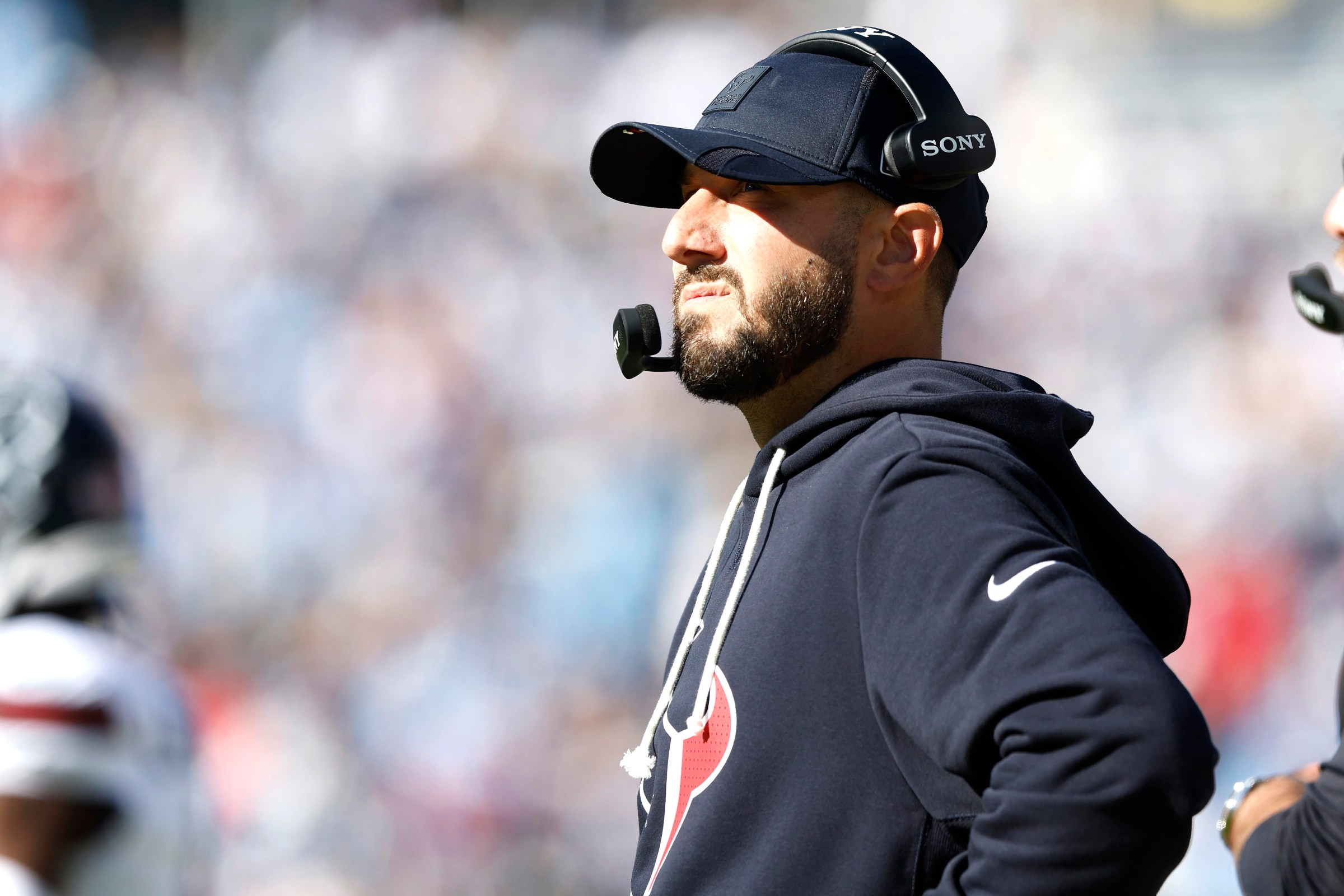 NASHVILLE, TENNESSEE - NOVEMBER 16: Offensive coordinator Nick Caley of the Houston Texans looks on in the game against the Tennessee Titans at Nissan Stadium on November 16, 2025 in Nashville, Tennessee. (Photo by Justin Ford/Getty Images)