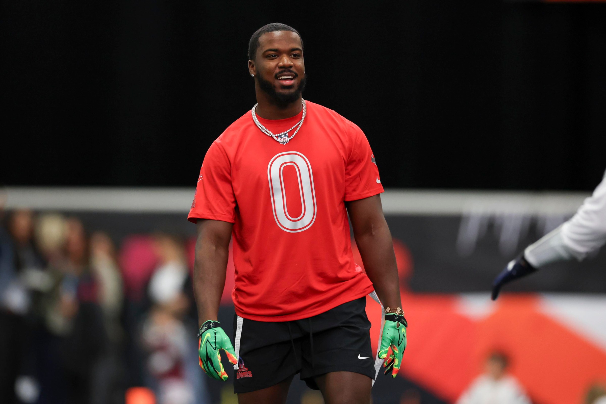 SAN FRANCISCO, CALIFORNIA - FEBRUARY 2: Azeez Al-Shaair #0 of the Houston Texans participates during a Pro Bowl team practice during the NFL Pro Bowl Games, at Moscone Center South on February 2, 2026 in San Francisco, California. (Photo by Kara Durrette/Getty Images)
