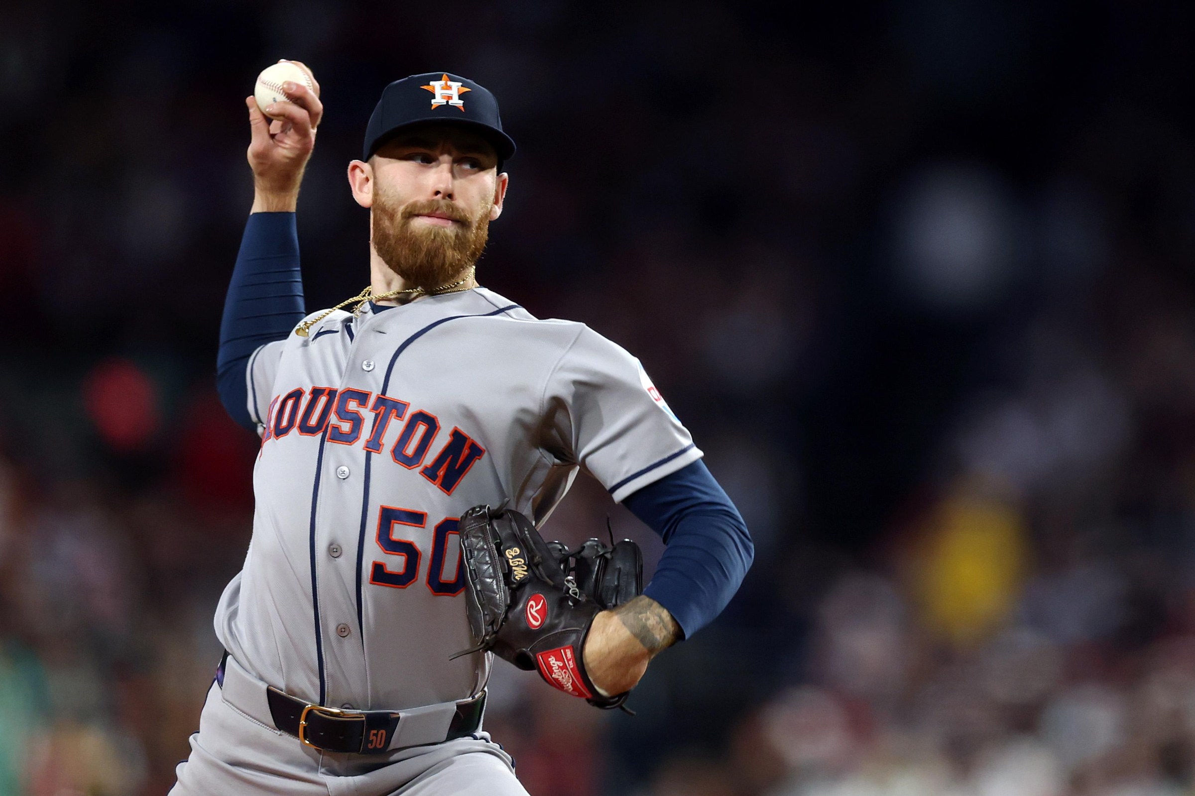 BOSTON, MASSACHUSETTS - MAY 01: Mike Burrows #50 of the Houston Astros pitches against the Boston Red Sox during the sixth inning at Fenway Park on May 01, 2026 in Boston, Massachusetts. (Photo by Maddie Meyer/Getty Images)