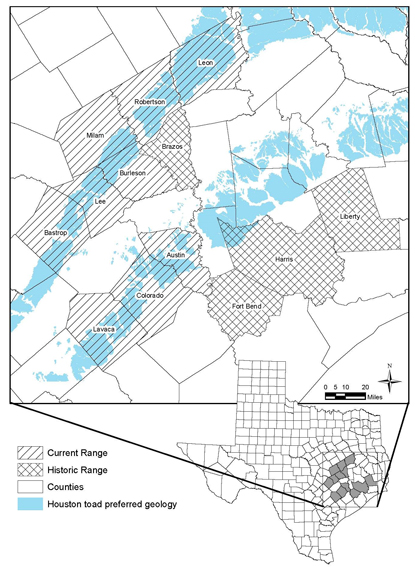 Houston toad distribution map