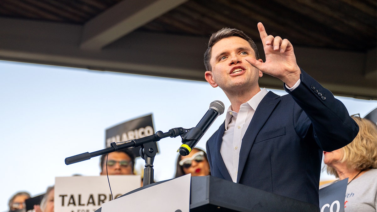 Texas State Rep. James Talarico speaking at a campaign rally in Round Rock, Texas