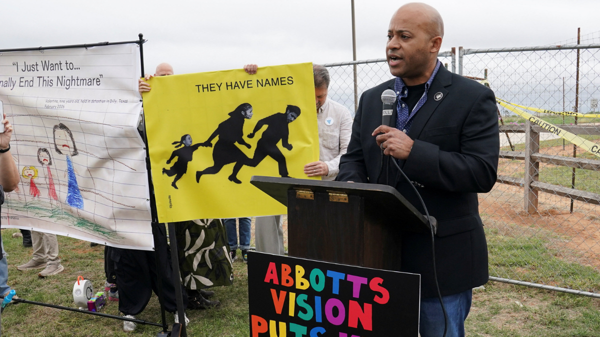 Marcos Velez, Democratic candidate for Texas lieutenant governor, speaks during a campaign rally stop.