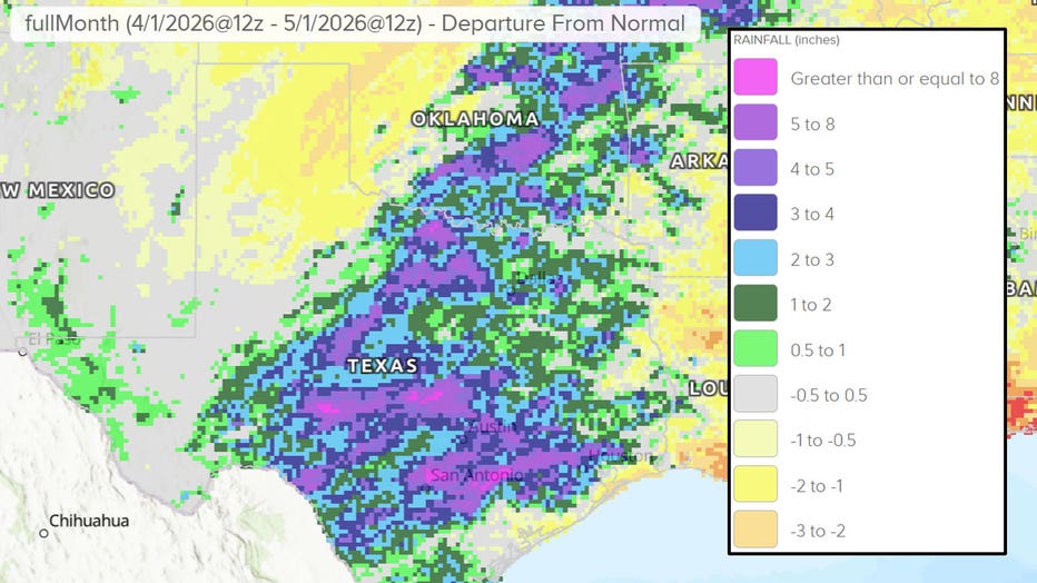 Most rain fell across central parts of Texas during April 2026, while the Panhandle region saw below-average rainfall.