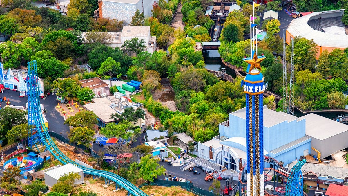 Aerial view of empty Six Flags Over Texas amusement park in Arlington
