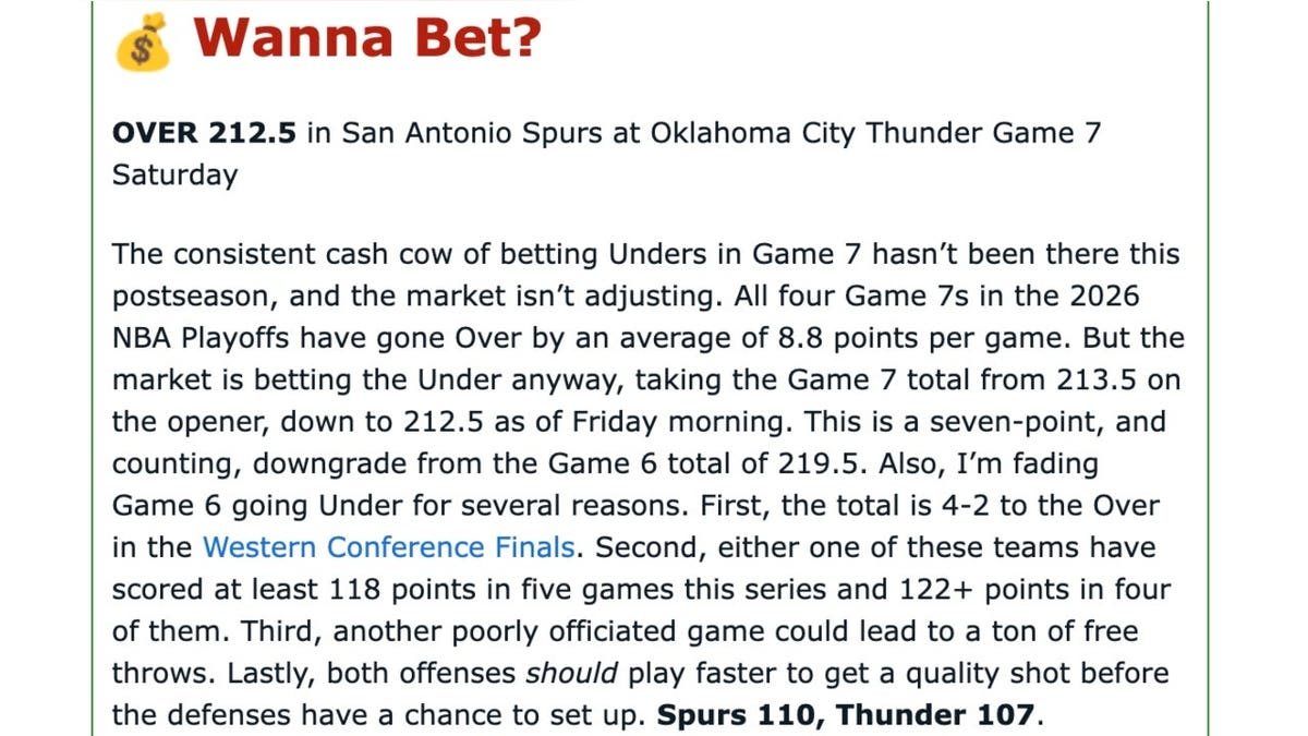 Geoff Clark's analysis for the Over in the San Antonio Spurs at Oklahoma City Thunder Game 7 in the 2026 Western Conference Finals.
