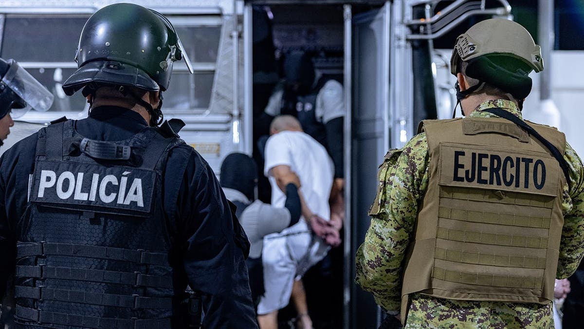 17 members of Venezuela's Tren de Aragua gang and members of the MS-13 gang, who were deported to El Salvador by the US in San Salvador, El Salvador on March 31, 2025.