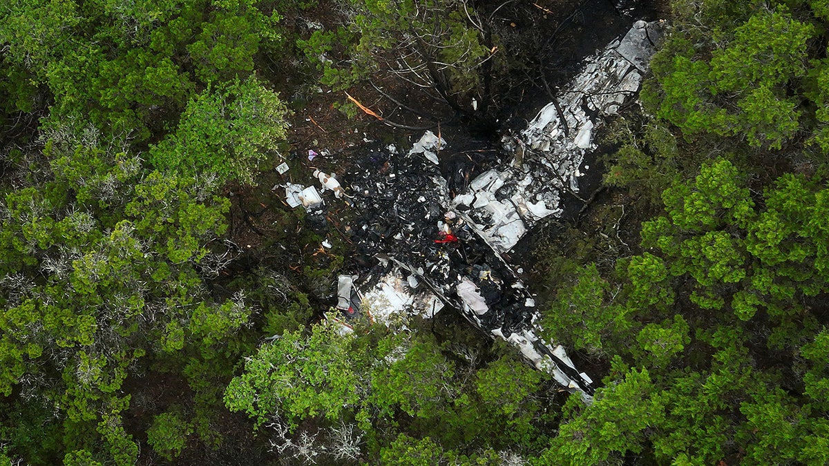 A crashed Cessna airplane is seen in a wooded area on Round Rock Road in Wimberley, Texas,