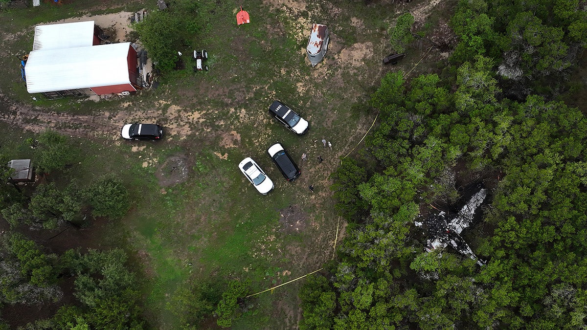 A crashed Cessna airplane in a wooded area on Round Rock Road in Wimberley, Texas