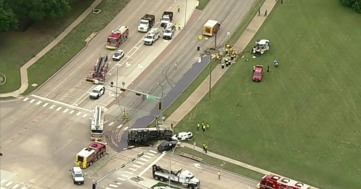 Oil tanker truck overturns in Plano, leaving roads closed with cleanup underway