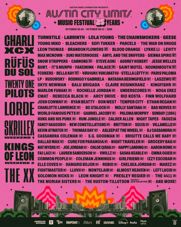 ACL Fest, ACL Festival, ACL Festival 2026, ACL 2026, ACL Fest 2026 lineup, ACL Festival lineup, ACL lineup, Austin City Limits, Austin City Limits 2026, Austin City Limits Festival, Austin City Limits lineup, Austin City Limits Music Festival, Austin City Limits tickets, Zilker Park, Charli xcx, RÜFÜS DU SOL, Twenty One Pilots, Lorde, Skrillex, Kings of Leon, The xx
