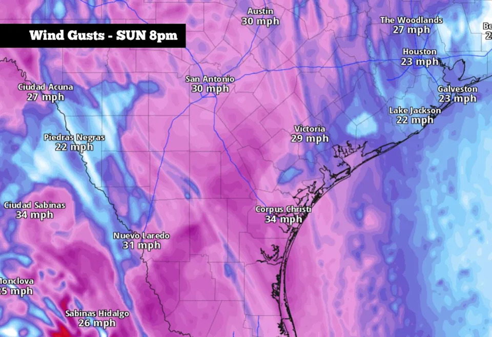 Shown are the potential wind gusts at 8 p.m. Sunday evening. (Pivotal Weather)