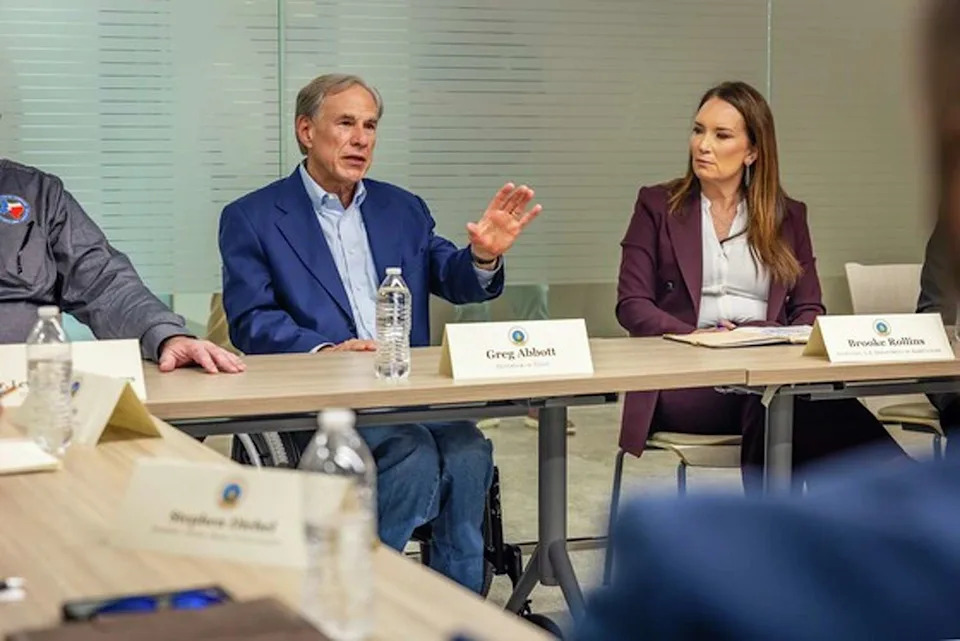 Texas Gov. Greg Abbott, left, and U.S. Agriculture Secretary Brooke Rollins deliver updates on the presence of the New World Screwworm in the United States during a news conference at the Knipling-Bushland U.S. Livestock Insects Research Laboratory in Kerrville on Monday, June 8, 2026. As of Monday, USDA had confirmed five screwworm infections, including in a goat from Gillespie County. (Courtesy the Office of the Governor)