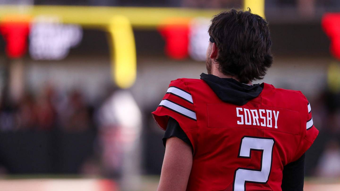Texas Tech's Brendan Sorsby looks on during the spring football game, Friday, April 17, 2026, at Jones AT&T Stadium.