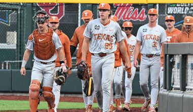 Jun 13, 2026; Omaha, NE, USA;  Texas Longhorns starting pitcher Dylan Volantis.