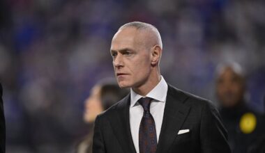 Dec 6, 2025; Arlington, TX, USA; Big 12 commissioner Brett Yormark looks on during the game between the Red Raiders and the Cougars at AT&T Stadium. Mandatory Credit: Jerome Miron-Imagn Images