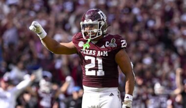 Dec 20, 2025; College Station, TX, USA; Texas A&M Aggies linebacker Taurean York (21) celebrates during the game between the Aggies and the Hurricanes at Kyle Field. Mandatory Credit: Jerome Miron-Imagn Images