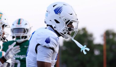 IMG Academy's Eric McFarland (3) reacts to his touchdown score during the first quarter of a high school football matchup at Mandarin High School, Friday, Sept. 19, 2025, in Jacksonville, Fla. The IMG Academy Ascenders defeated the Mandarin Mustangs 57-7.