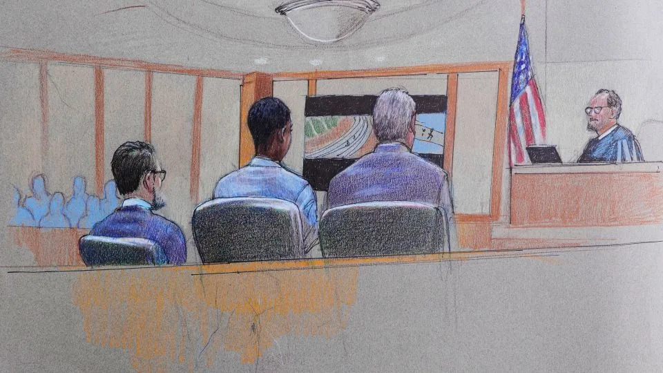 A courtroom sketch shows Karmelo Anthony, center, at the defense table on June 4, 2026, in McKinney, Texas. (Pat Lopez via AP) - Tony Gutierrez/AP